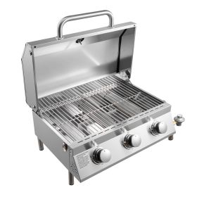 VEVOR Tabletop Gas Grill, 3-Burner Stainless Steel Portable Propane Grill, with Built-in Thermometer, Travel Locks, Weatherproof Lid, 22,500 BTU