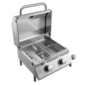 VEVOR Tabletop Gas Grill, 2-Burner Stainless Steel Portable Propane Grill, with Built-in Thermometer, Travel Locks, Weatherproof Lid, 15,000 BTU