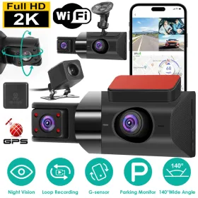 2K Car DVR 3 Channel Dash Cam Camcorder Camera Recorder With 140 Angle GPS WiFi Night Vision G-sensor Loop Recording Parking Monitor (Option: Black)